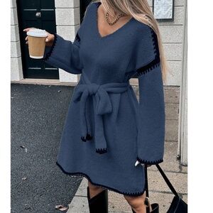 Classic V neck Color Block Belted Oversized Sweater Dress